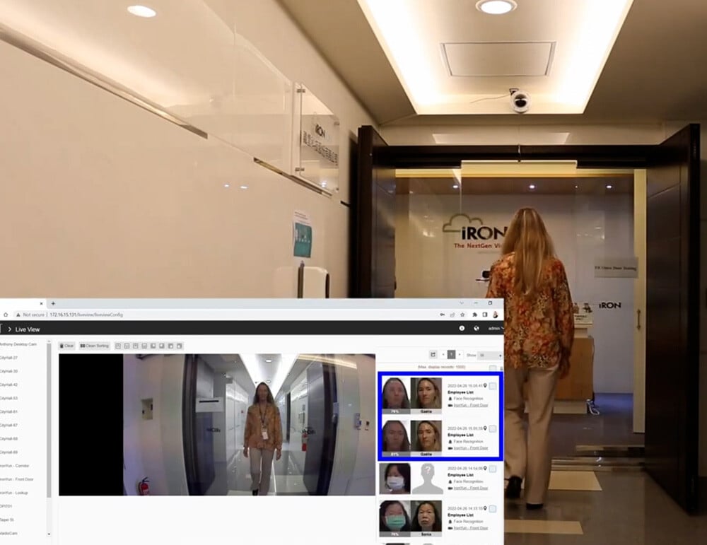 A woman enters a building under surveillance, with a security system displaying facial recognition matches.