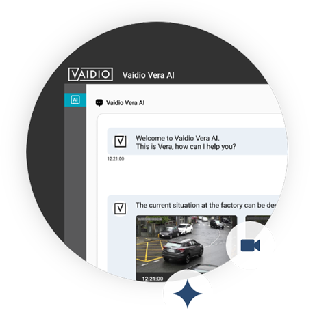 A circular cropped screenshot of the Vaidio Vera AI interface displaying a chat conversation and surveillance footage.